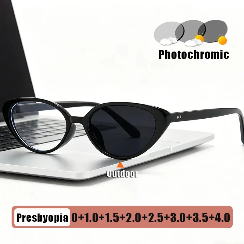 

Photochromic Presbyopia Glasses Retro Cat-eye Turn Grey UV-protective Women Reader Eyewear Prescription with 0 To +4.0
