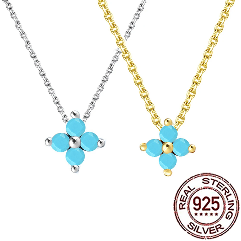 

QooLady 925 Sterling Silver Lovely Four Leaf Flower Blue Turquoise Pendant Necklace for Women Fine Wedding Decor Jewelry SD025
