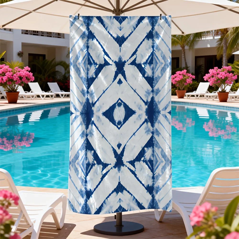 Shibori Beach Towel Indigo Blue White Geometric Tie Dye Pattern Poolside Decor Resort Lounge Modern Chic Essential