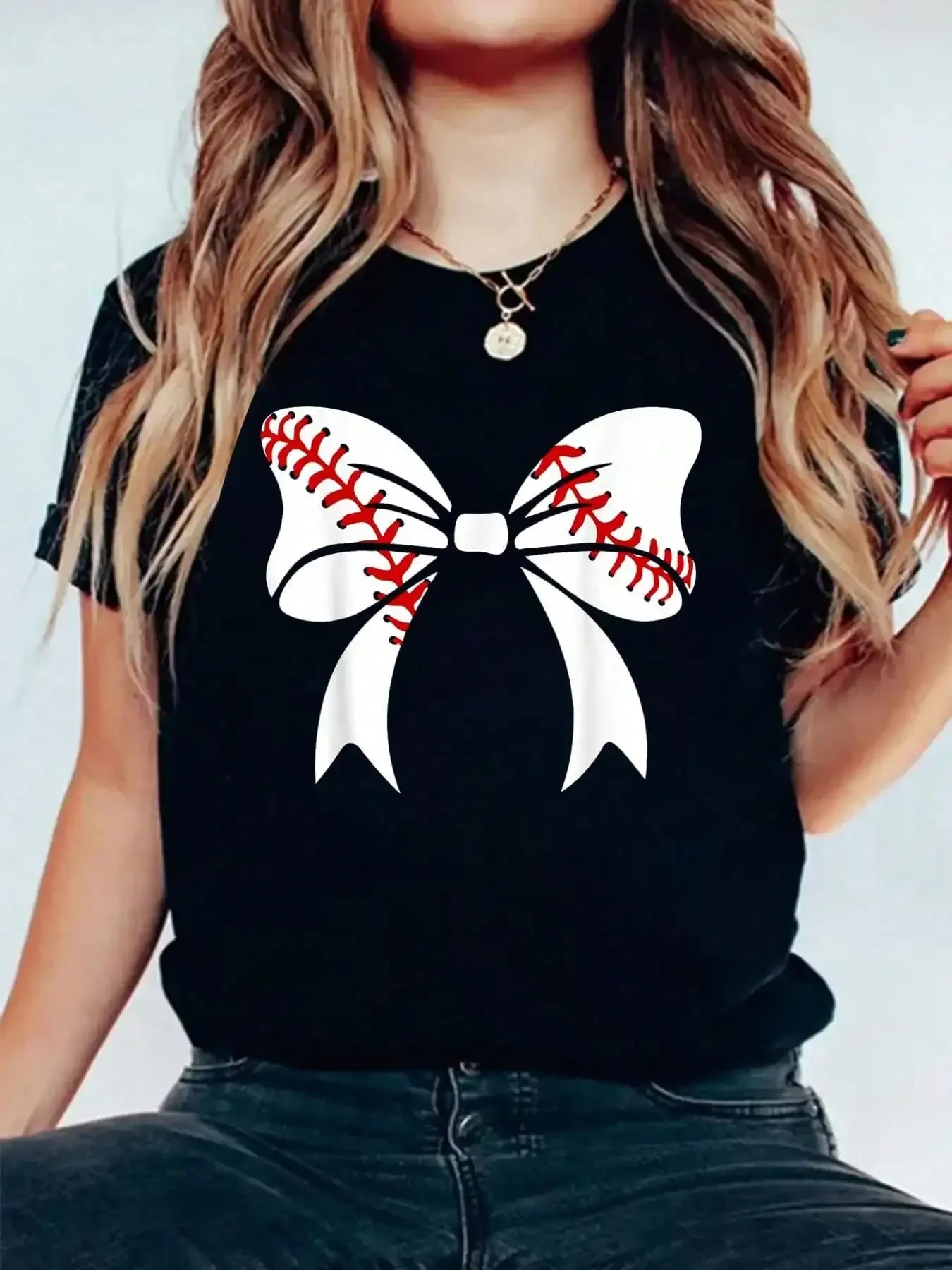 Baseball Women T-Shirt Bow Accent Ball Printed Vintage Inspired  Soft Crew Neck Casual Top for Summer Women Tshirt Clothing