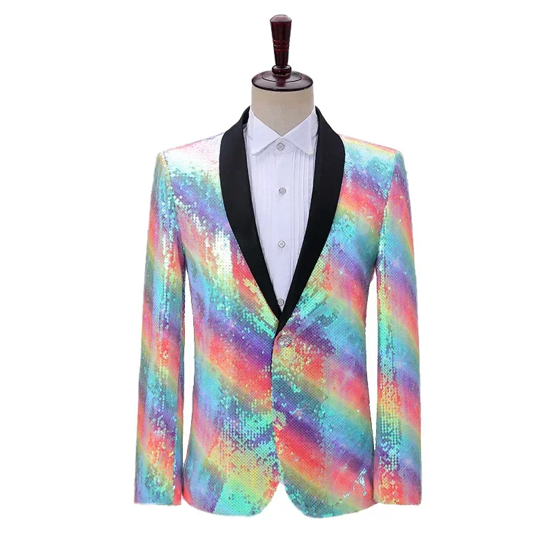 

Men Bling Shiny Colorful Sequin Blazer Suit Jacket One Button Luxury Weddings Party Dinner Prom Tuxedo Men Blazers Costume Homme