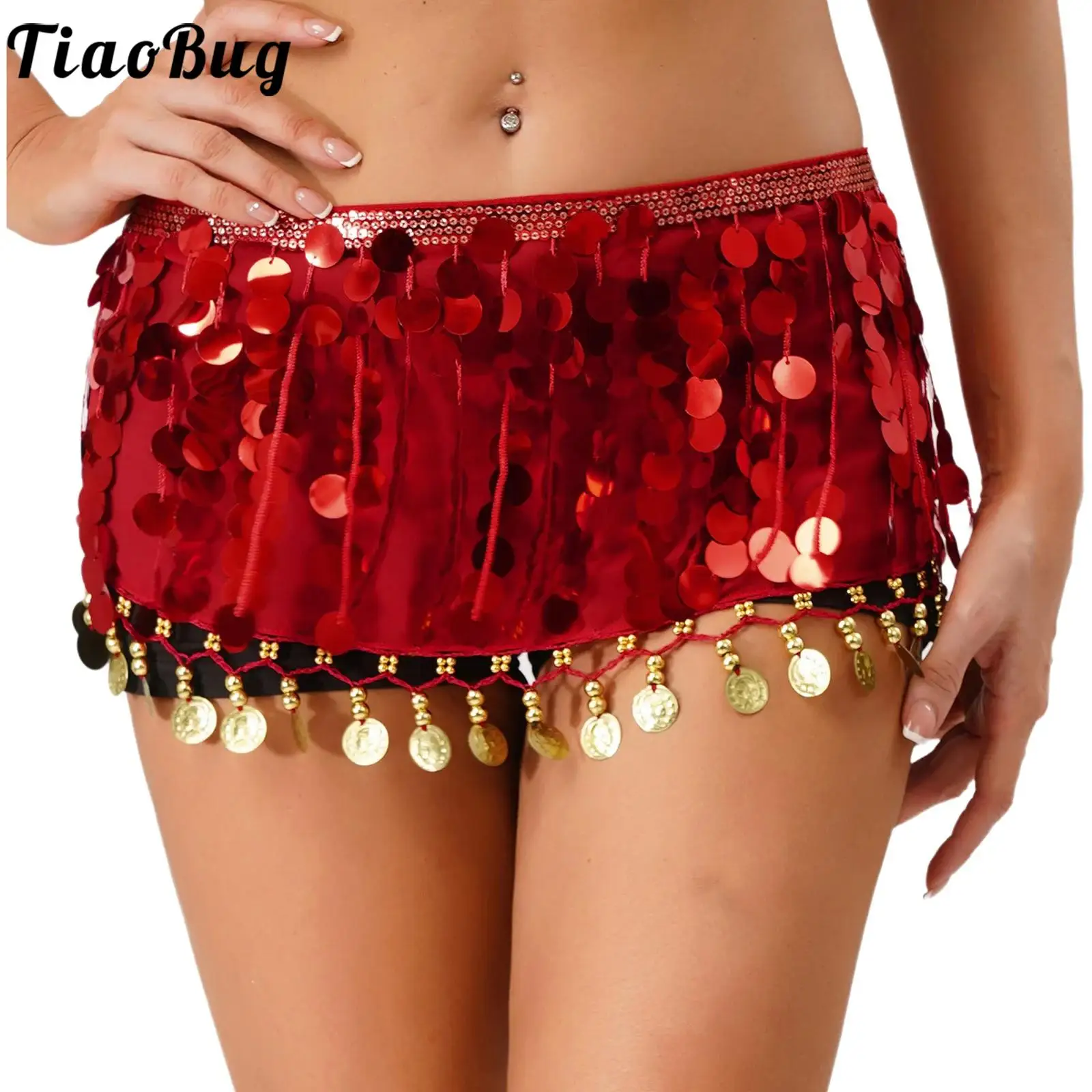 

Women Belly Dance Sequin Tassel Hip Scarf Dancewear Shiny Lace-up Waist Skirt Wrap Skirt for India Dance Chacha Latin Dance
