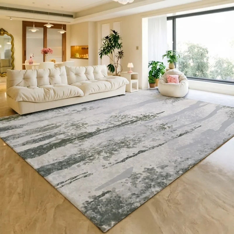Grey Green Ink Wash Abstract Brush Stroke Modern Area Rug, Minimalist Watercolor Art Washable Large Floor Rug for Living Room