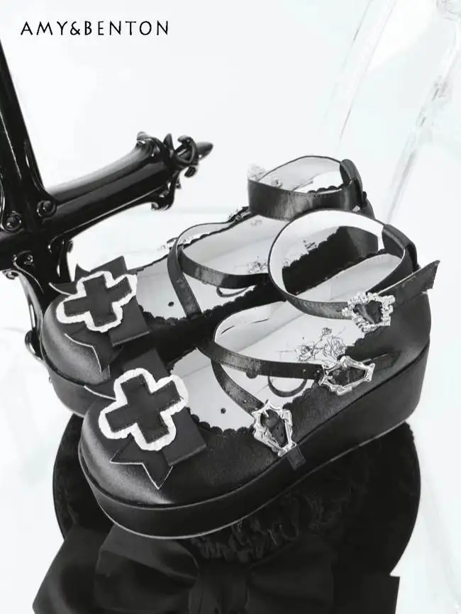 

Subculture Gothic Dark Girl Satin Cross Round Head Platform Shoes Japanese Lolita Style Temperament Elegant Platform Shoes Women