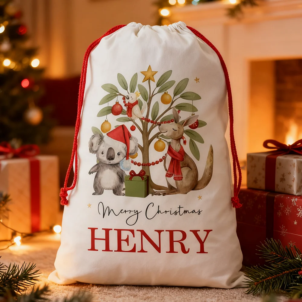 

Personalised Santa Sack Christmas Keepsake Aussie Animals Larg Drawstring Bag Traditional Sack Christmas Gift Holiday Presents