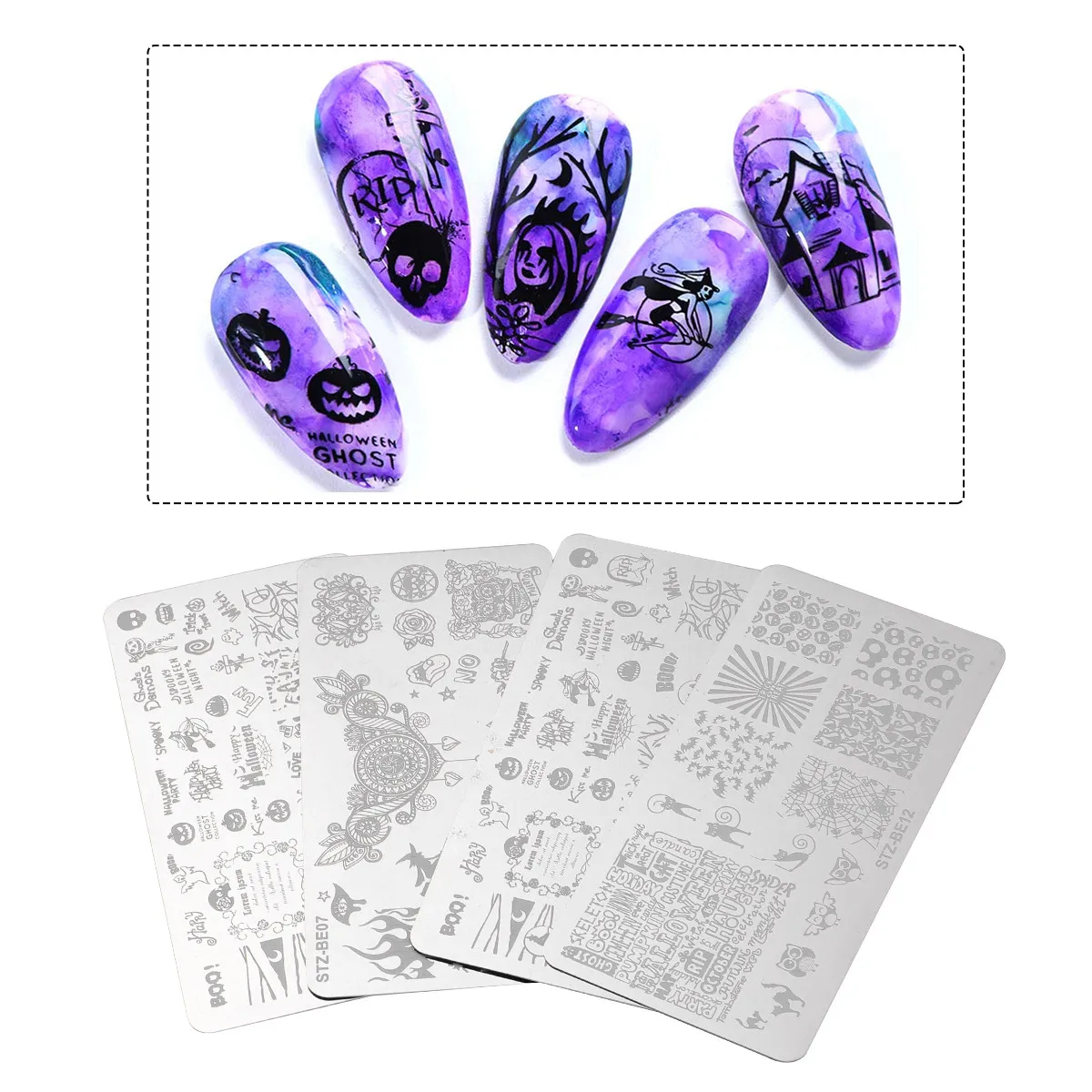 

4pcs Nail Art Stamping Plates Premium Design Durable Practical Party Halloween Printing Stencil Accessories DIY Stencil