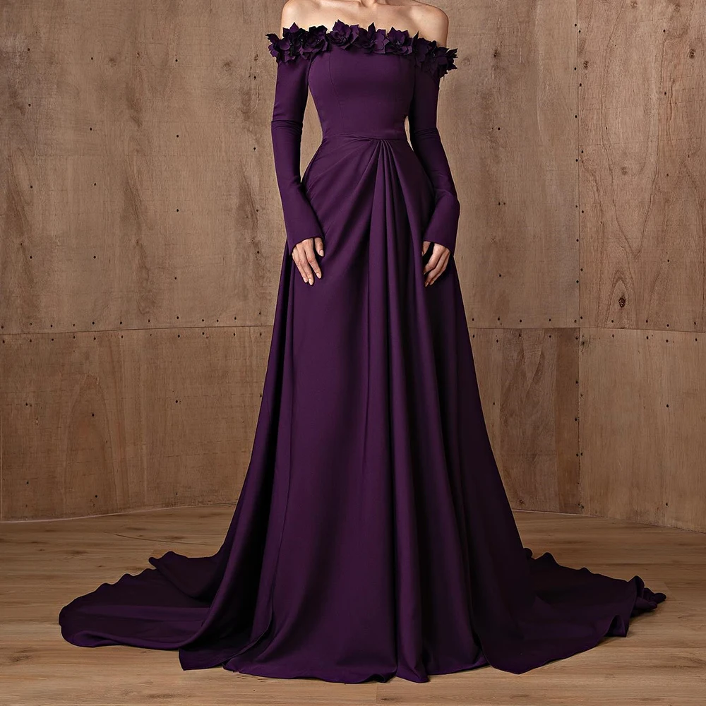 Elegant Pleats Crystal Appliques Chapel Train Evening Dresses Classic Purple A-Line Strapless Off the Shoulder Satin Party Gowns