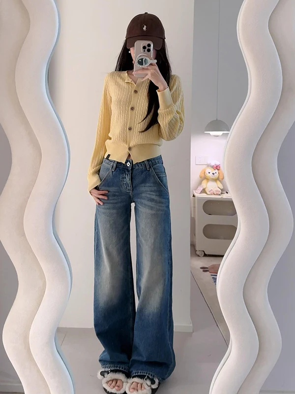 

Джинсы женские с низкой посадкой в американском ретро-стиле, осенне-зимние, свободные, прямые, широкие, в пол, драпированные брюки