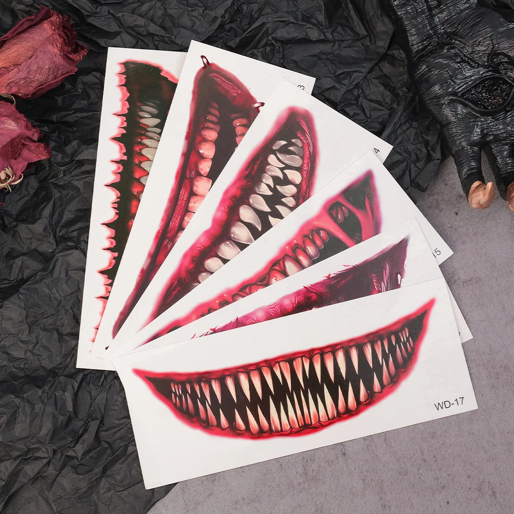 50pcs New Halloween Horror Big Mouth Face Tattoo Funny Diy Stickers Party Scary Temporary Tattoo Waterproof Tattoo for Men Women