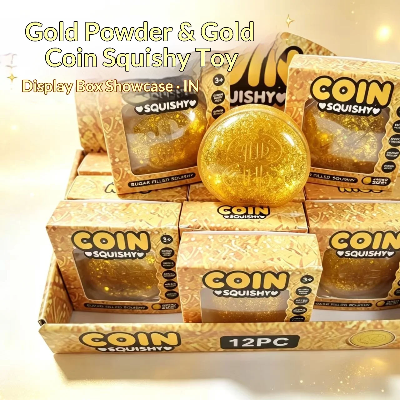 Lot de 12 pièces, boîte complète, jouet squishy en forme de pièce de dollar simulée à paillettes de 8,5 cm, à remontée lente, anti-stress, jouet fidget, boîte surprise, vente en gros
