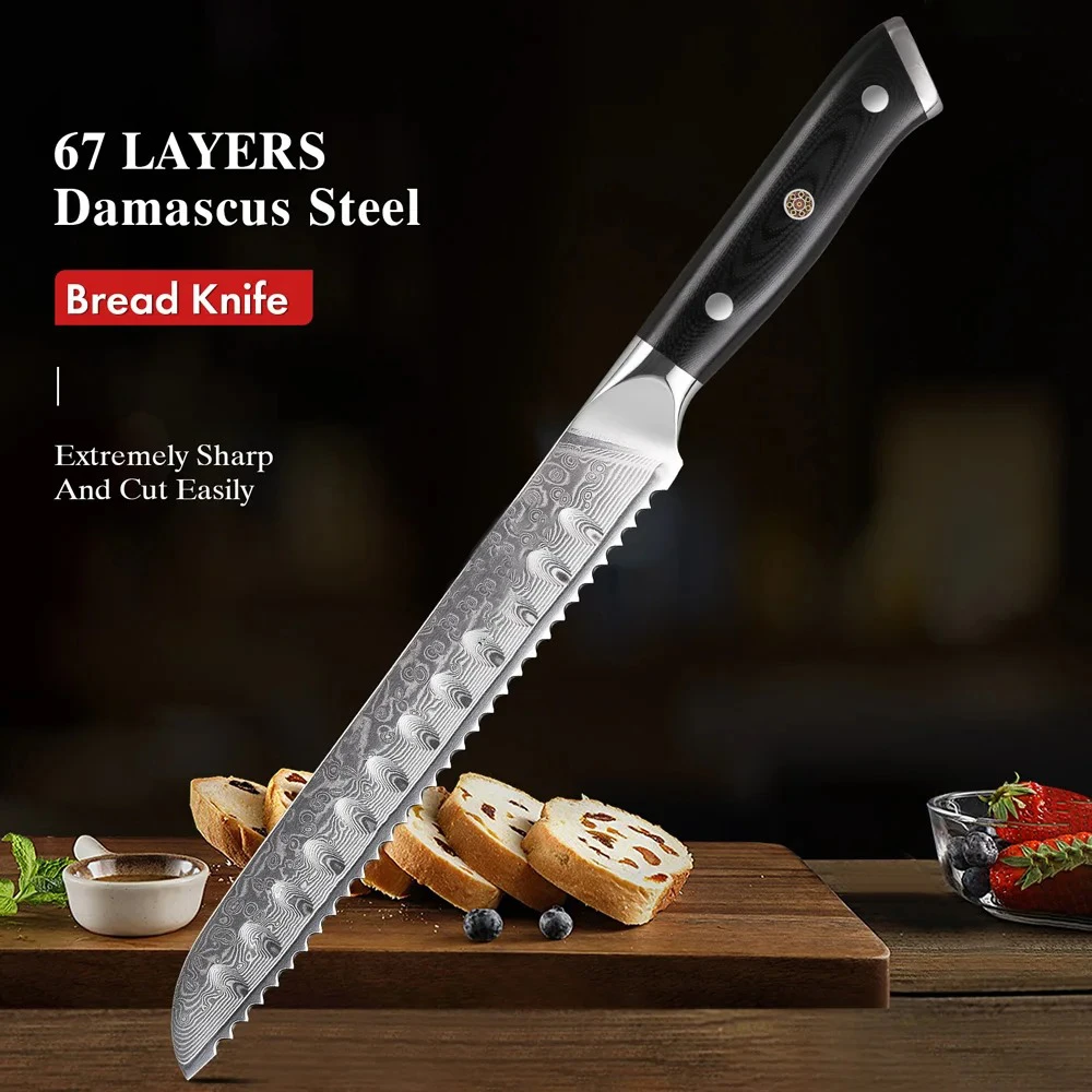 Bread Knife Damascus Steel Utility Knife Cheese Cake Baking Serrated Knife Slicing  Cooking Tools Food Knife Kitchen Stuff