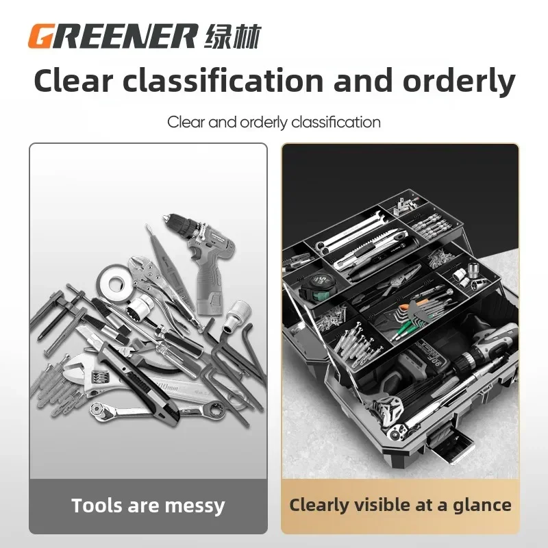 Professional Heavy Duty Green Toolbox with Foldable Three Layers and Multi-Purpose Carrying Handle