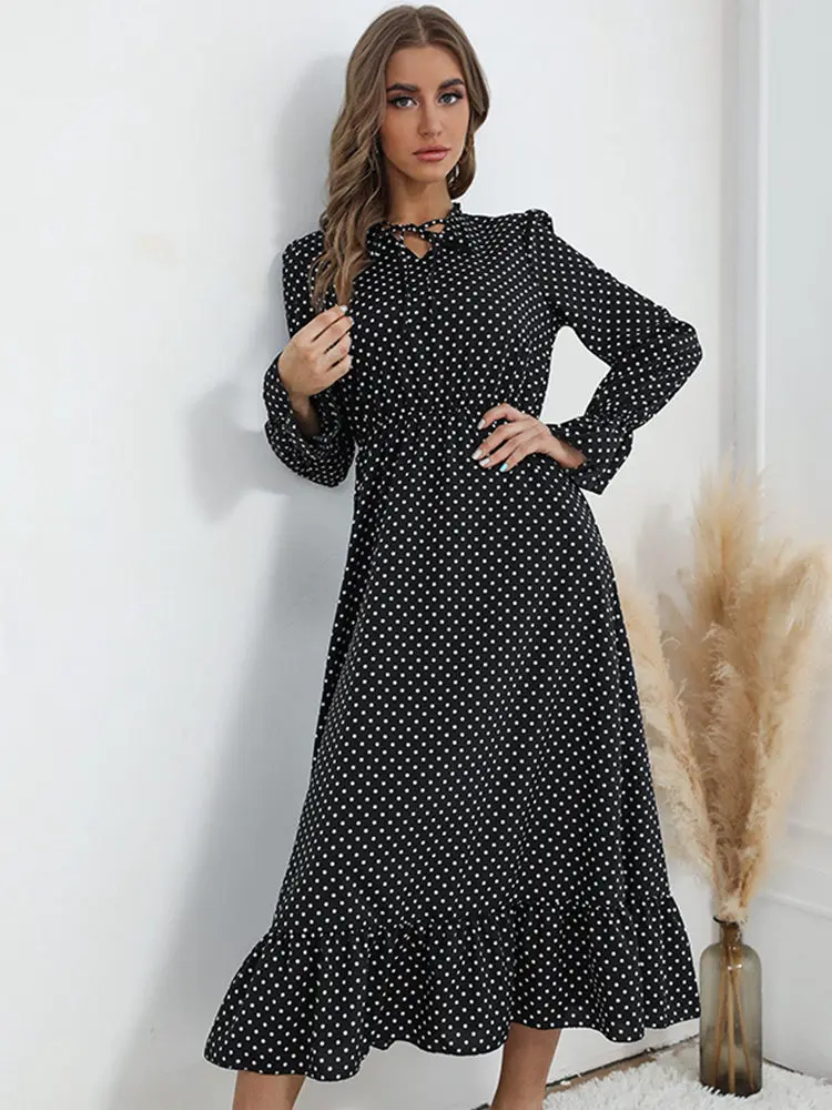 M Women Spring 2023 New V Neck Long Sleeve Polka Dot Long Dress For Ladies High Waist Printed Chic Dress