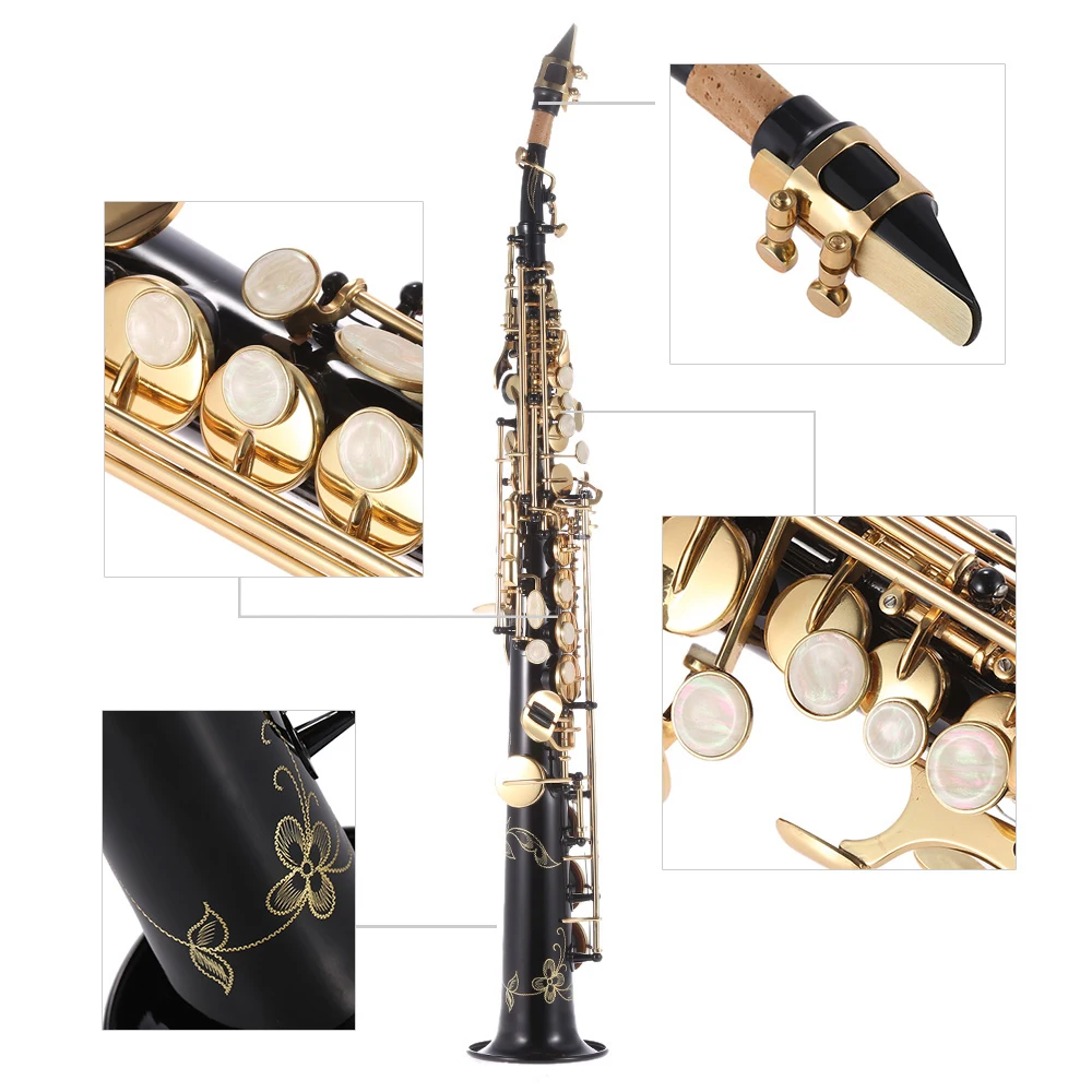 Black Brass Straight Soprano Sax Saxophone Bb B Flat Woodwind Instrument Natural Shell Key Carve Pattern Carrying Case Gloves