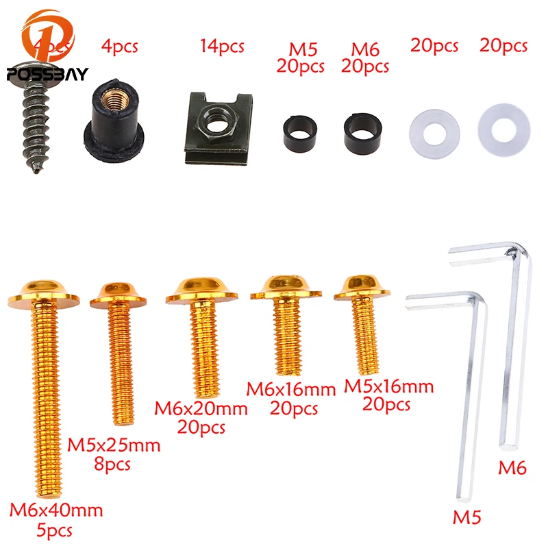 POSSBAY 177Pcs Universal Motorcycle Fairing Bolt Kit Bodywork Screws Fit for Most Motorbike Iron Bolt Screws