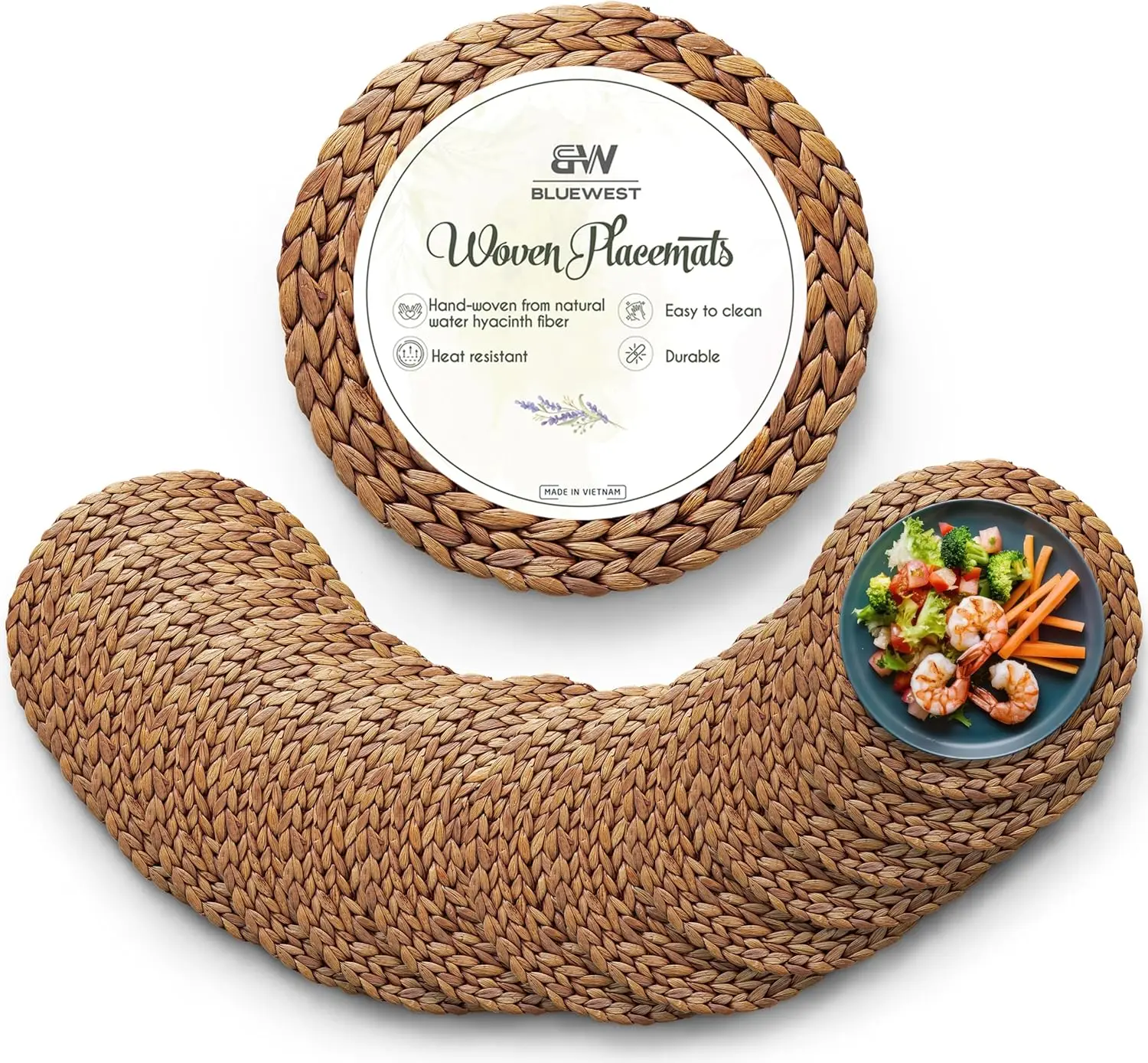 

Set of 14 Brown Round Rattan Placemats, Heat-Resistant & Anti-Slip for Dining Table (12-14 inch)