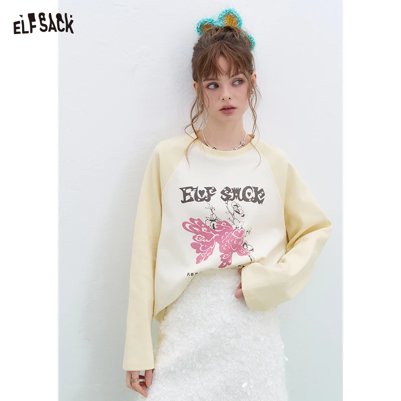 ELFSACK-T-shirt à manches longues pour femme, haut coréen, col rond, basique, décontracté, imprimé poisson rouge chanceux, Leurs lan, printemps, nouveautés, 2025