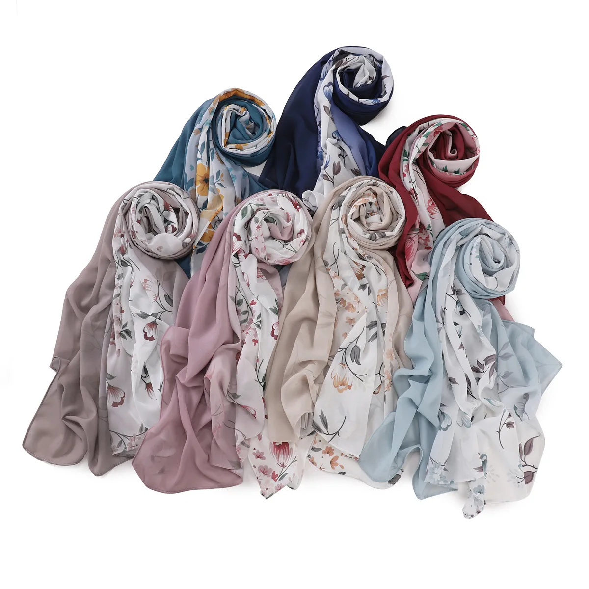 

2025 Lady Muslim Floral Print Gradient Hijab Shawls Abaya Women Veil Scarf Chiffon Islamic Headscarf Turban Headband 180cm*70cm