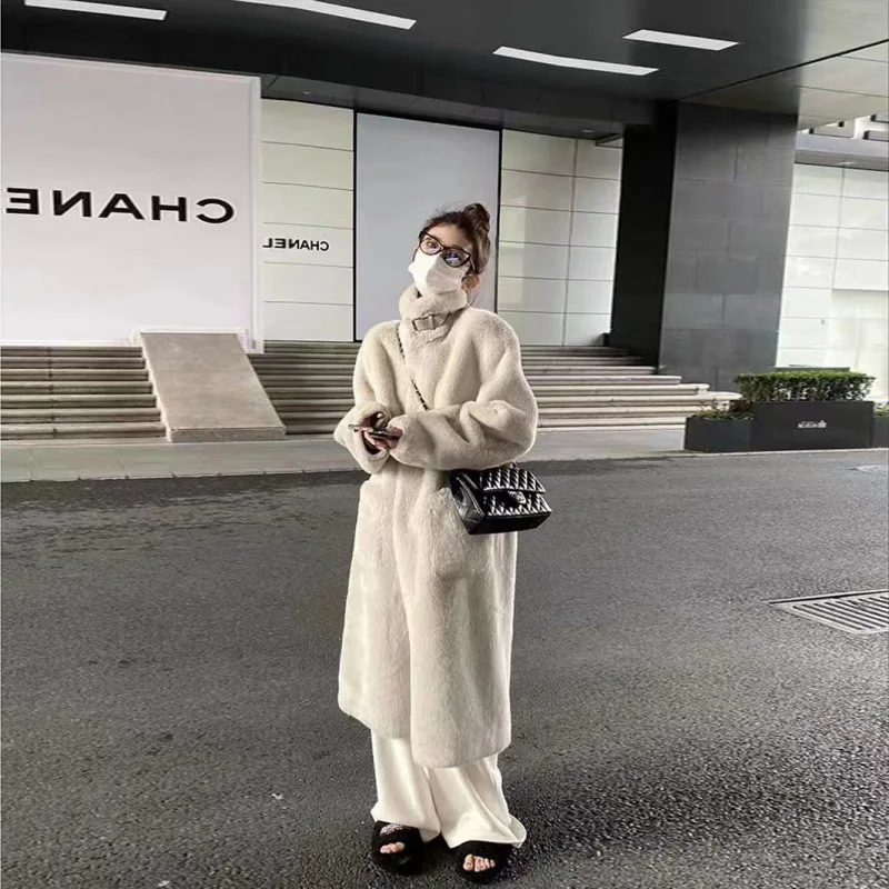 

Stand Collar Beige Long Faux Fur Jacket Leather Decoration Furry Jackets Fluffy Luxury Faux Mink Plush Coat Warm Thick Overcoats