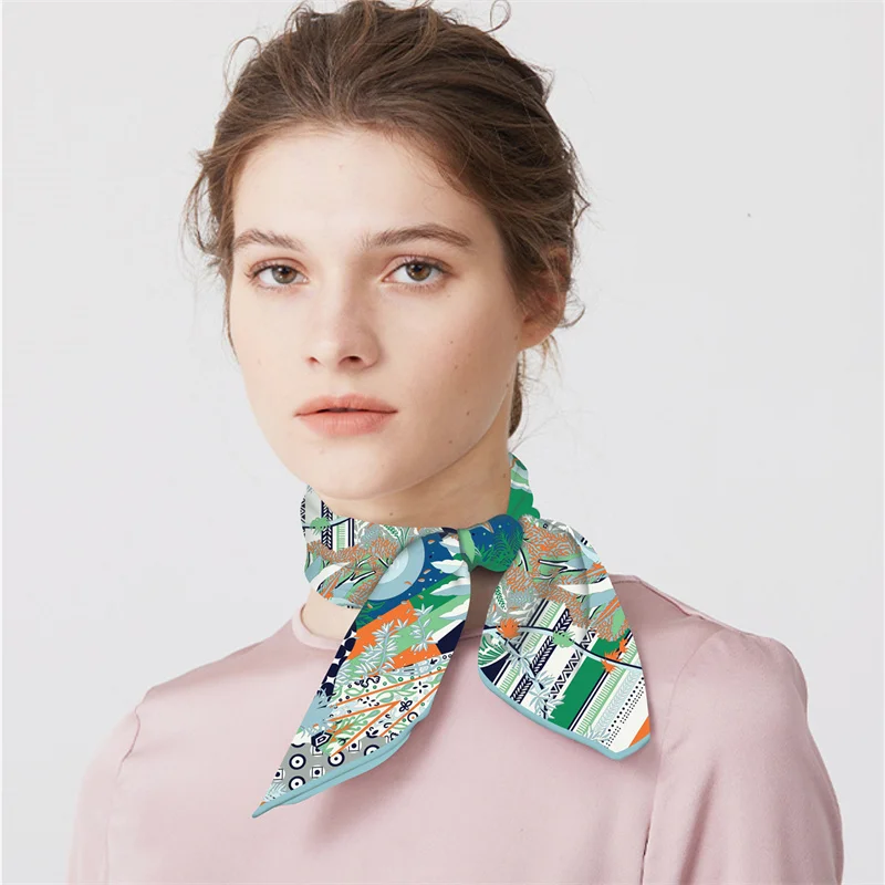 Twill Silk Scarf Woman Sun Foreast Painting Square Scarves Wraps Bandana Small Hijab Silk Foulards Tie Headband Neckerchief 53CM