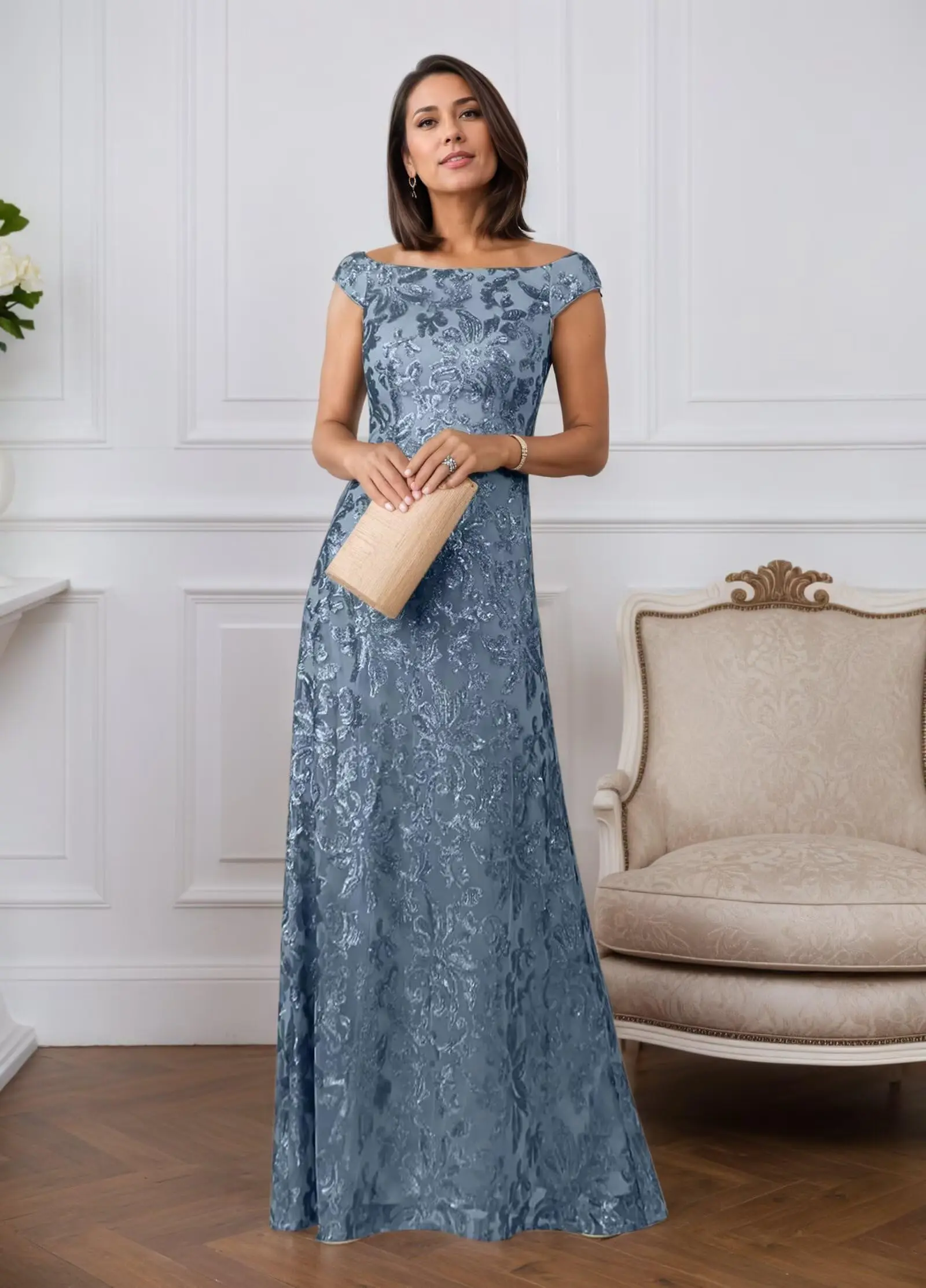 

Customized Sequin Lace Champagne Mother Of The Bride Dresses For Wedding Cap Sleeve Long Formal Evening Dress Mermaid Prom Gowns