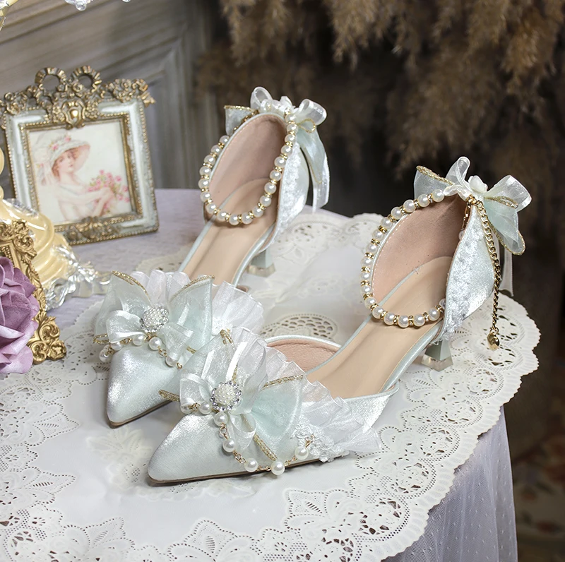 One Night Story Original Lolita Shoes Slim Heels Chinese Style Lolita Pointed Sandals High Heels Handmade Flower Wedding Shoes