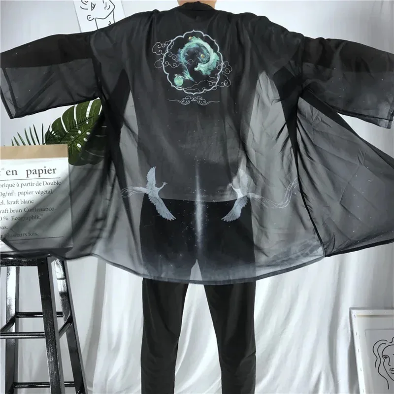 

Japanese Traditional Clothing Women Men Fashion Streetwear Transparent Chiffon Kimono Cardigan Dragon Embroidery Samurai UC5372