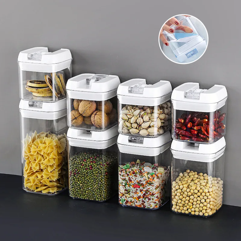 1PC Home Creative Lid Sealed Jar 0.5-1.9L Kitchen Storage Box Transparent Square Fresh-Keeping Grain And Miscellaneous Grain Jar