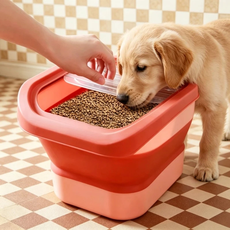 Caixa de Armazenamento de Ração para Animais de Estimação Dobrável e Hermética de 13LB com Tampa para Ração Seca de Gato e Cachorro, Armazenamento de Grãos e Arroz para Uso Diário em Casa