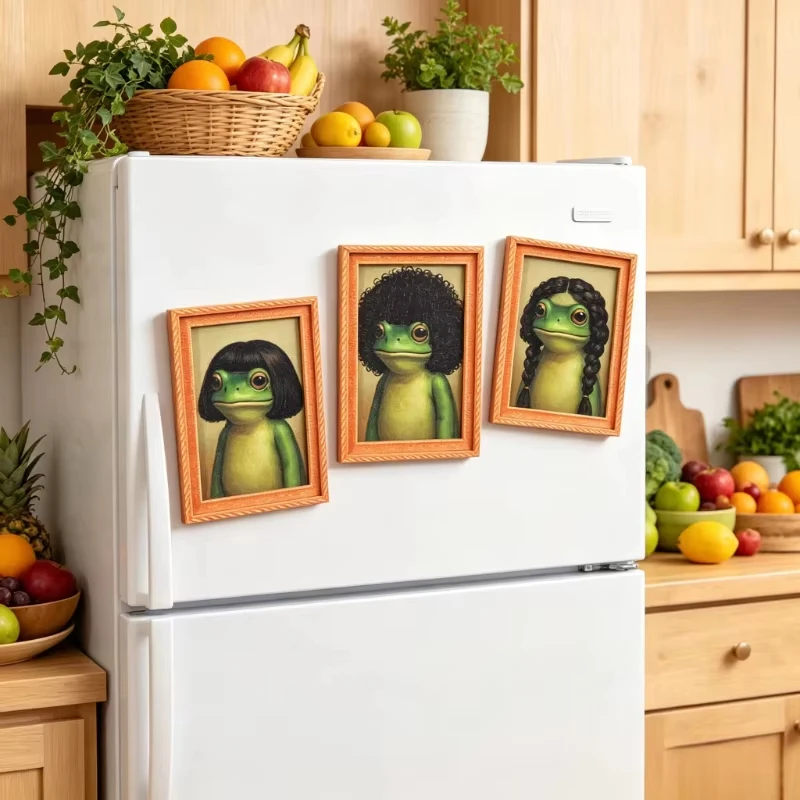 Mini Wooden Photo Frame Frog Fridge Magnet Funny Green Frog & Haircut Modern Kitchen Decor Durable Refrigerator Ornament