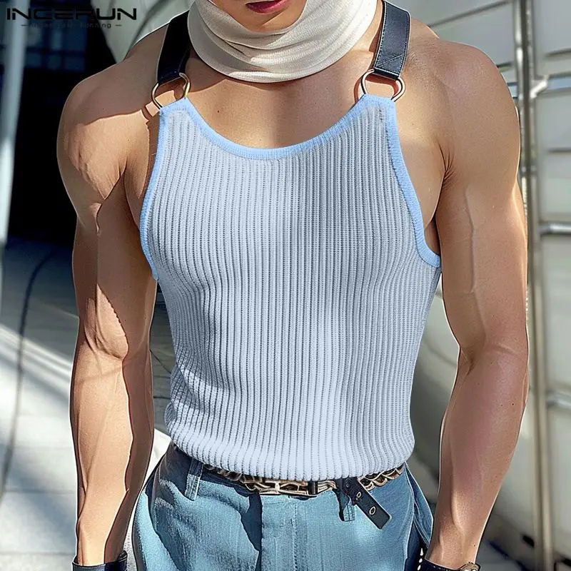 INCERUN Men Tank Tops Patchwork O-neck Sleeveless Summer Male Vests Streetwear 2024 Fitness Fashion Casual Men Clothing S-5XL