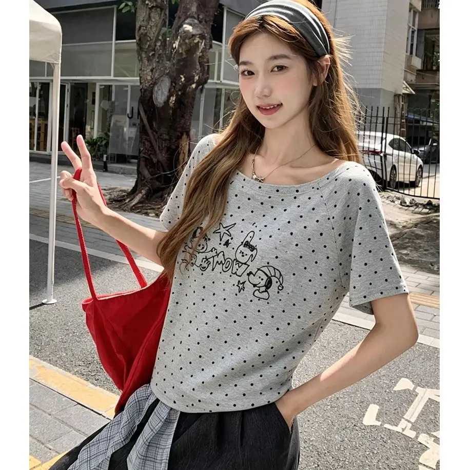 Summer Unique Sexy Irregular Shoulder Bone Short Sleeve Top Korean Style Printed Loose Fit T-Shirt for Women Hot Girl Short T...
