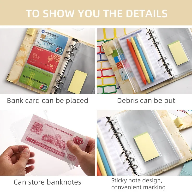 20Pcs 6 Holes PVC Folder Transparent Waterproof Budget Cash Envelope Pouch A6 Size Flipchart Zip Pouch Convenience Stickers