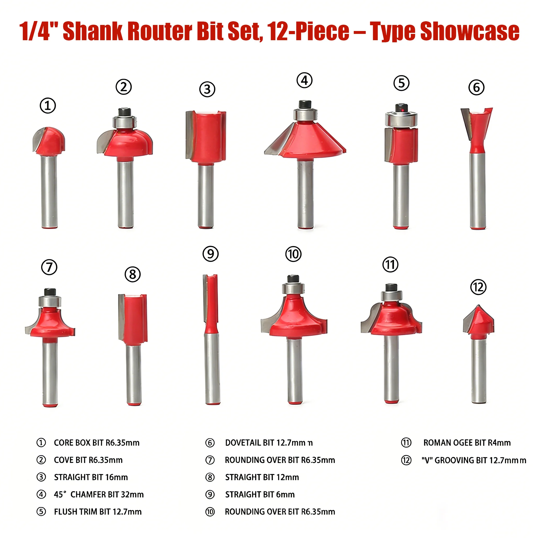 

Wholesale 12pcs Router Bit Set Wood Milling Cutter 1/4 6mm 8mm Shank OEM Custom Logo