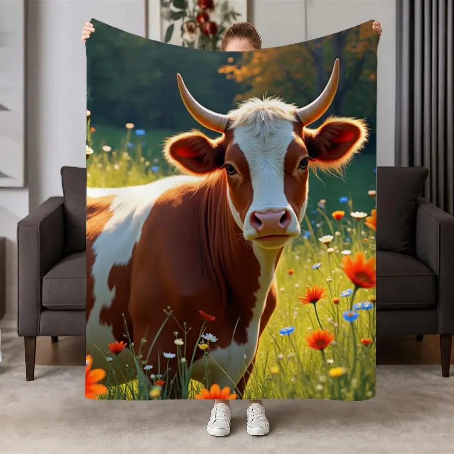 Cozy Cow & Wildflower Meadow Flannel Throw Blanket-Soft, Warm Digital Art Print Ideal for Couch, Bed, Office & Travel Perfect Gift for Friends & Family Machine Washable 2D Flat Weighted Blanket 280GS, 2D Flat