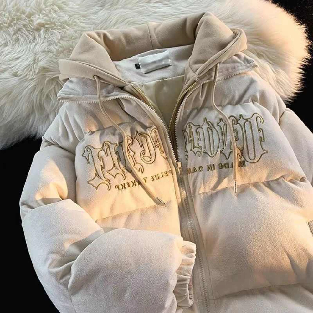 Cotton Jackets for Women Korean Style All-Matched Oversized Fake Two Pieces Coats Letter Embroidery Fashion Thick Hooded Jacket