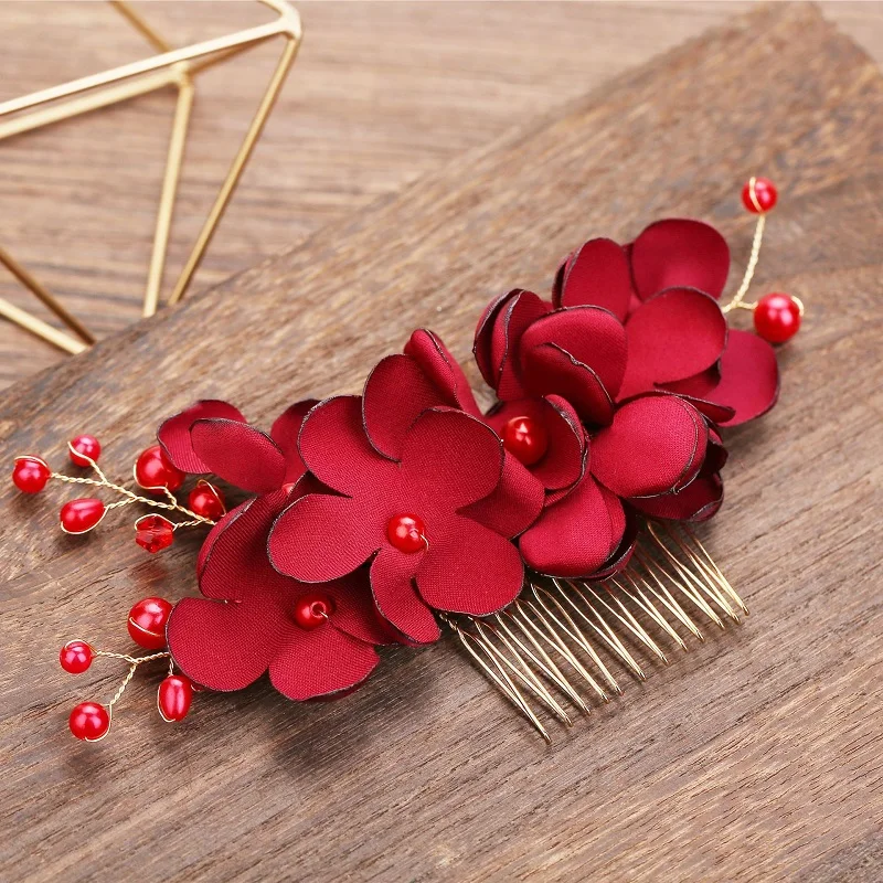 Red Champagne Pink Flower Hair Comb Bridesmaid Hair Clip Bridal Hairpin Wedding Prom Hair Jewelry For Women Party Hairband Gift