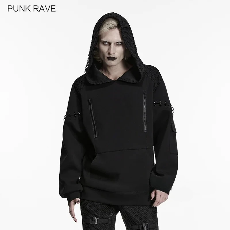 PUNK RAVE Men's Cyberpunk Knitted & Mesh Double Layered Hoodie Loose Shoulder Design Metal D-shaped Buckles Top Coats