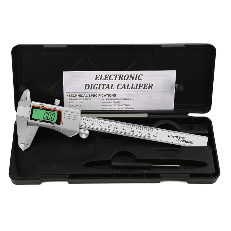 Stainless Steel Digital Vernier Caliper, Pacômetro Eletrônico, Micrômetro, LCD Colorido, Backlight Measuring Tool, 6 ", 150mm