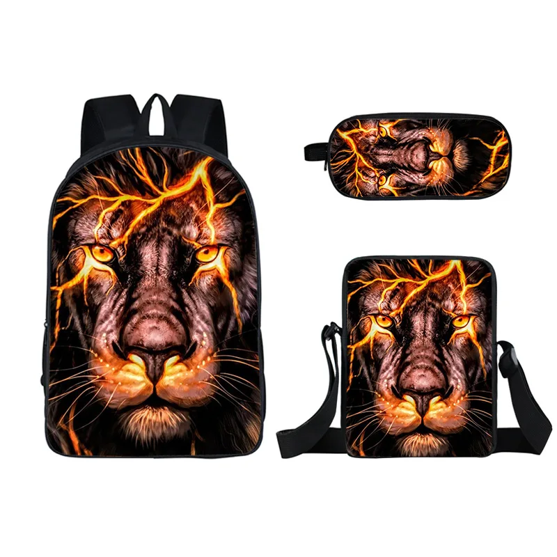 

3d Animal Outdoor Three-piece Student School Bag Burden Reduction Backpack Polyester Printed Satchel Pen Bag Mochila Escolar Sac