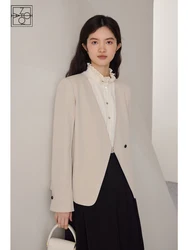 ZIQIAO Commuter Style High-end Collarless Suit Jacket for Women Autumn New Design Casual Temperament Loose Blazers Coat Female