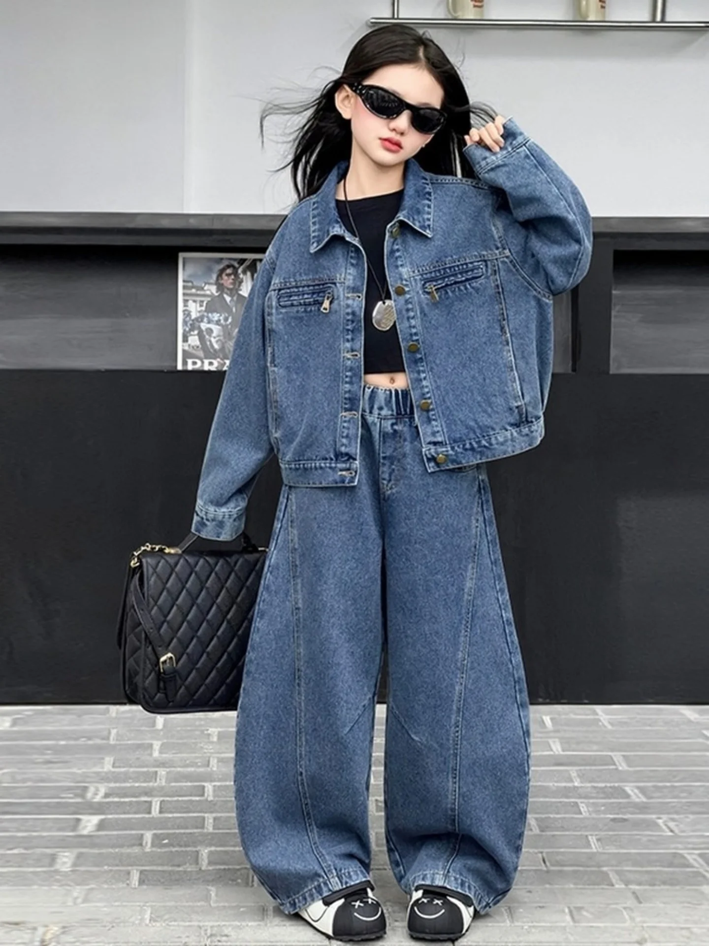 

Girls Spring Autumn Denim Set Wide Leg Pants Two Piece Suit Children Casual Wear Long Sleeve Button up Cardigan Loose Fit