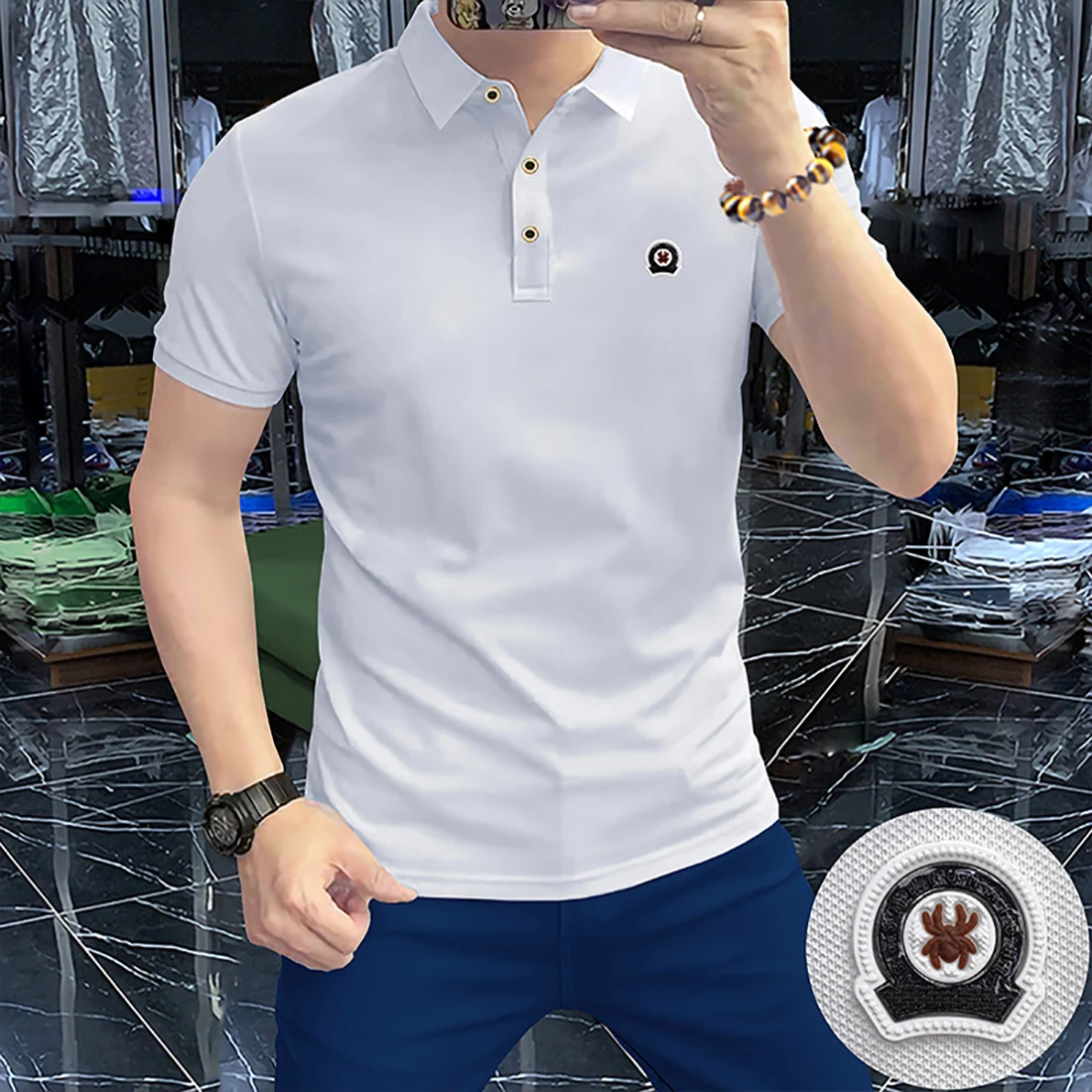 Men\'s Pearl Polo Shirt Summer Trend Badge Design Solid Color Male T-shirt  Business Casual Comfortable Man Clothing Slim Fit Top