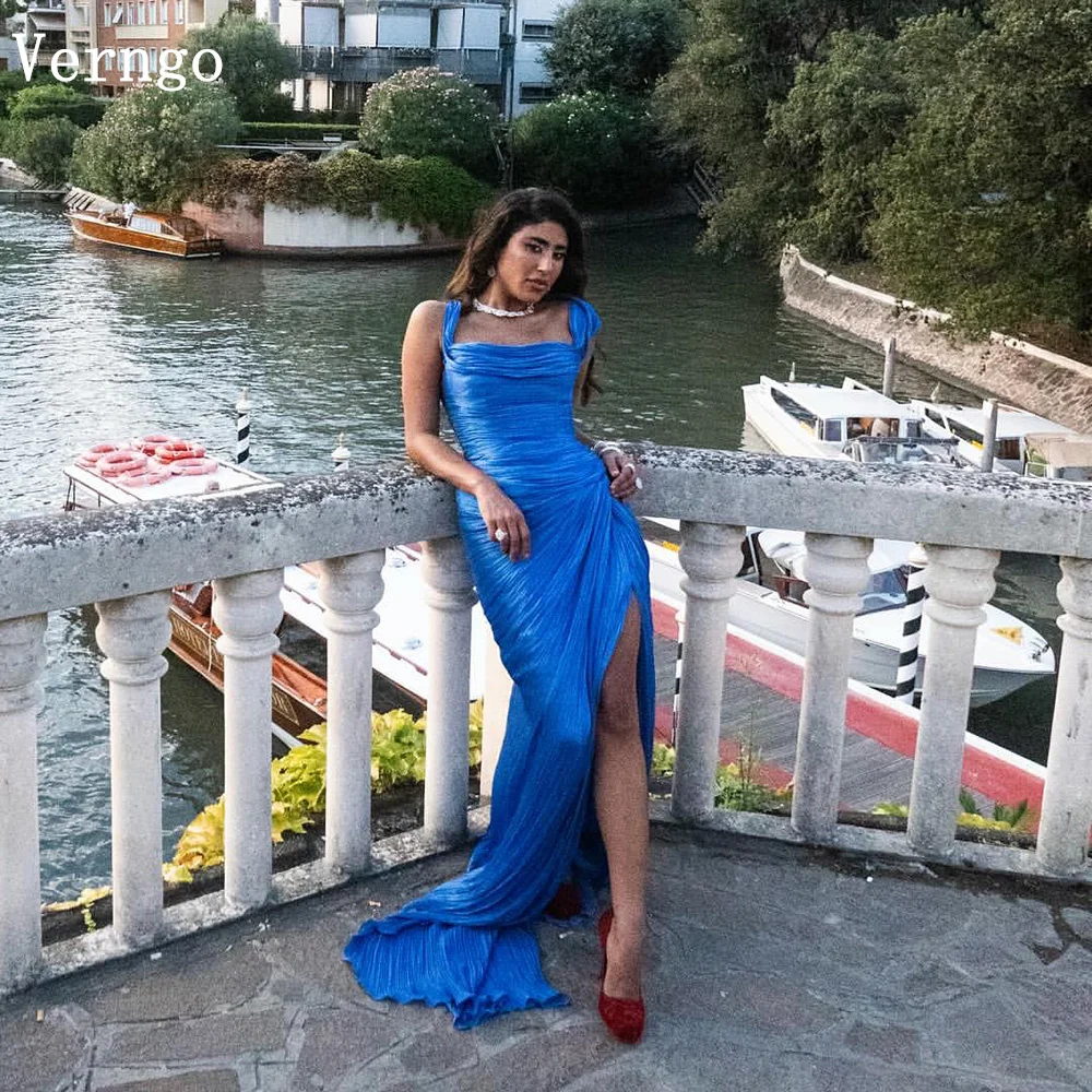 

Verngo Royal Blue Shiny Evening Dress Spaghetti Straps Pleated Formal Occasion Dresses Elegant Zipper Prom Gowns Customized