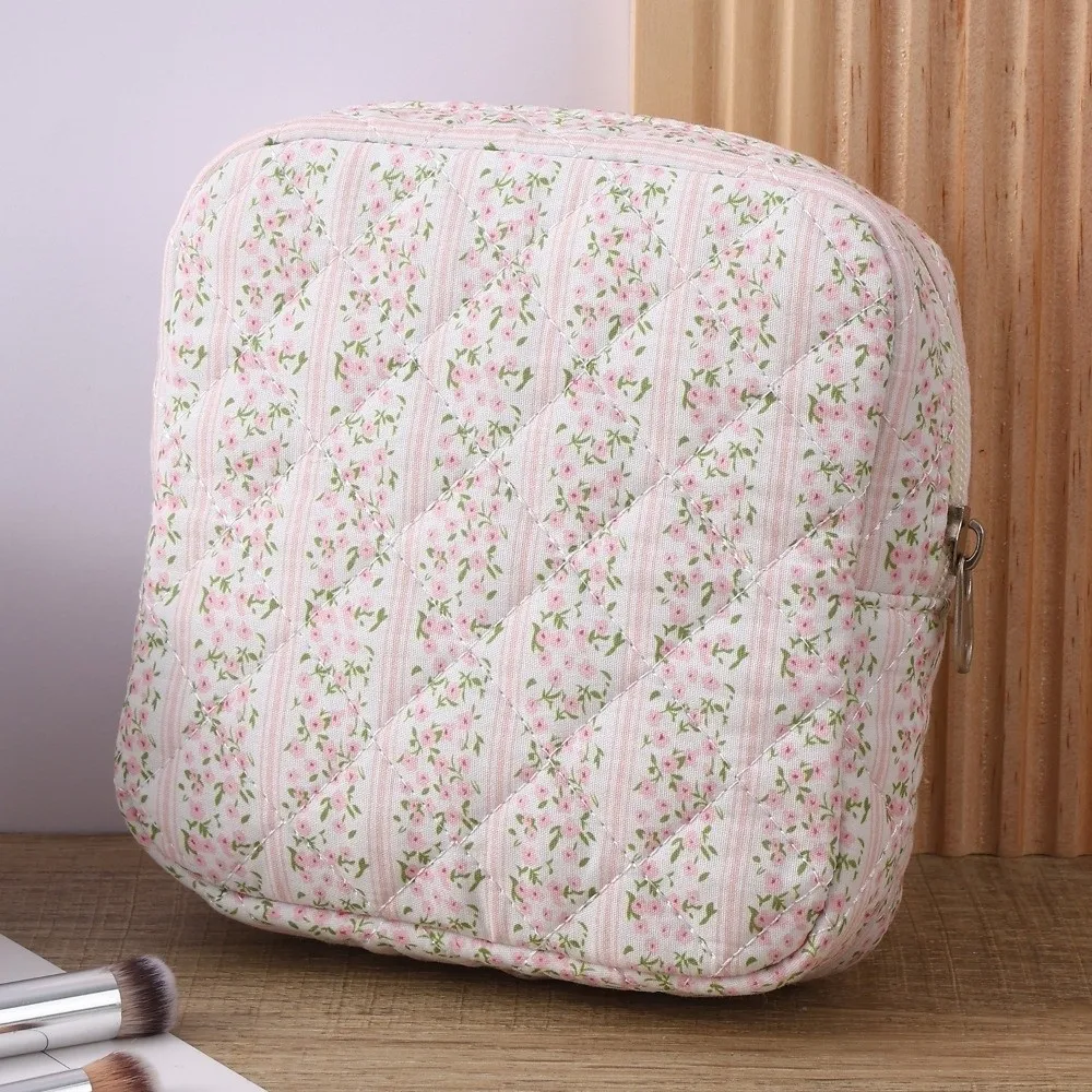 Portable Quilted Sanitary Napkin Organizer Bag Large capacity Zipper Small Makeup Bag Cotton Keychain Earphone Coin Purse