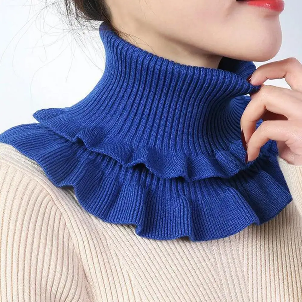 Autumn Winter Ladies Knitted Scarf Ruffles Turtleneck Double Layered Fake Collar Solid Color Knitting False Collar Wrap Scarf