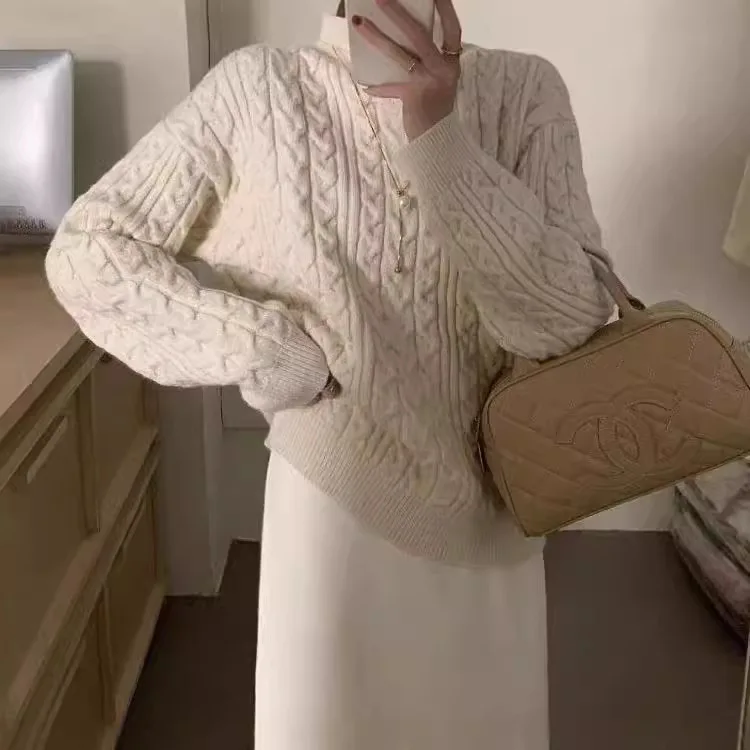 

Cashmere thick twist turtleneck bottoming sweater women's autumn and winter lazy retro loose pullover sweater