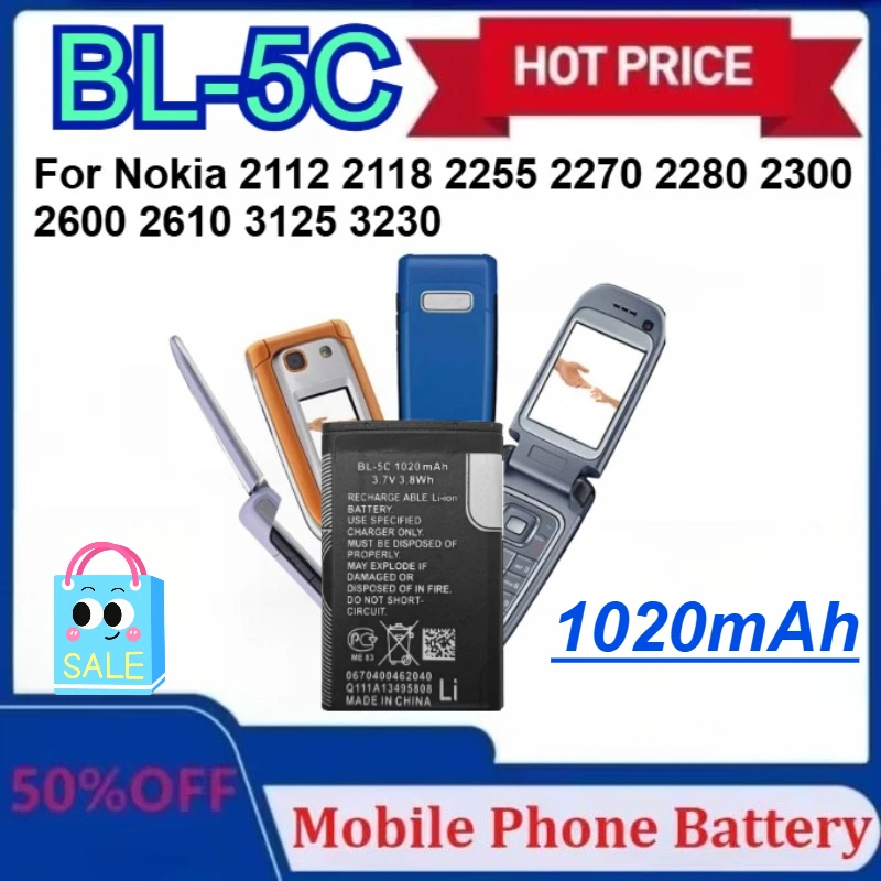 

New 3.7V 1020mAh Battery BL-5C Rechargeable Batteries for Nokia 2112 2118 2255 2270 2280 2300 2600 2610 3125 3230 with tools