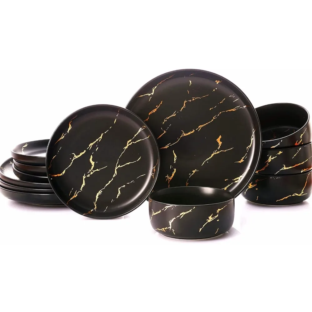 Black Gold Splash Dinnerware Sets, 12-Pieces Marble Ceramic Plates and Bowls Sets, Modern Porcelain Dish