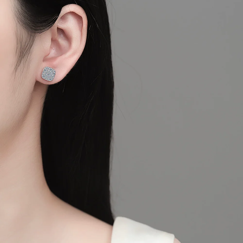 JECIRCON S925 فضة مويسانيتي كامل أقراط للنساء رائعة يوميا تنوعا ترصيع تألق مربع العنقودية تصميم